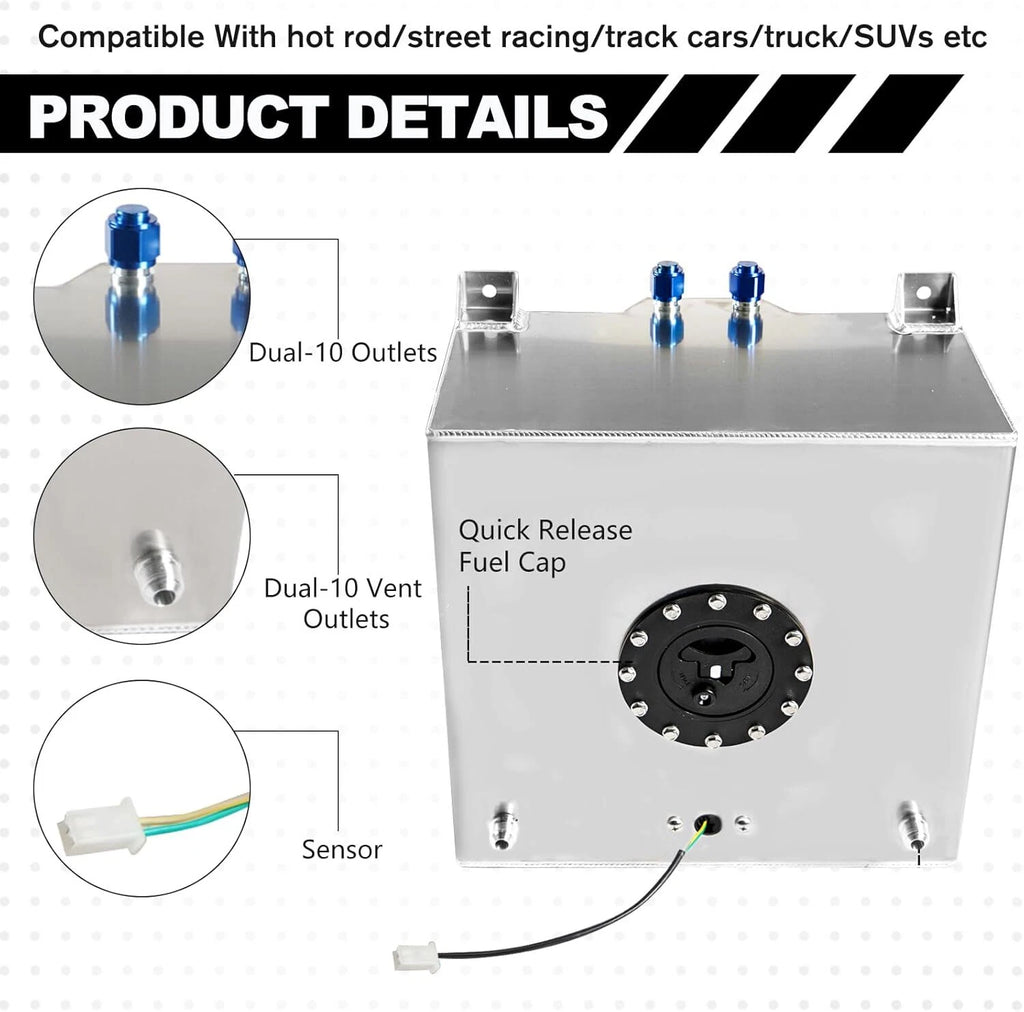 10 Gallon Aluminum Fuel Cell Gas Tank with Cap, Level Sender, Nylon Line for Universal