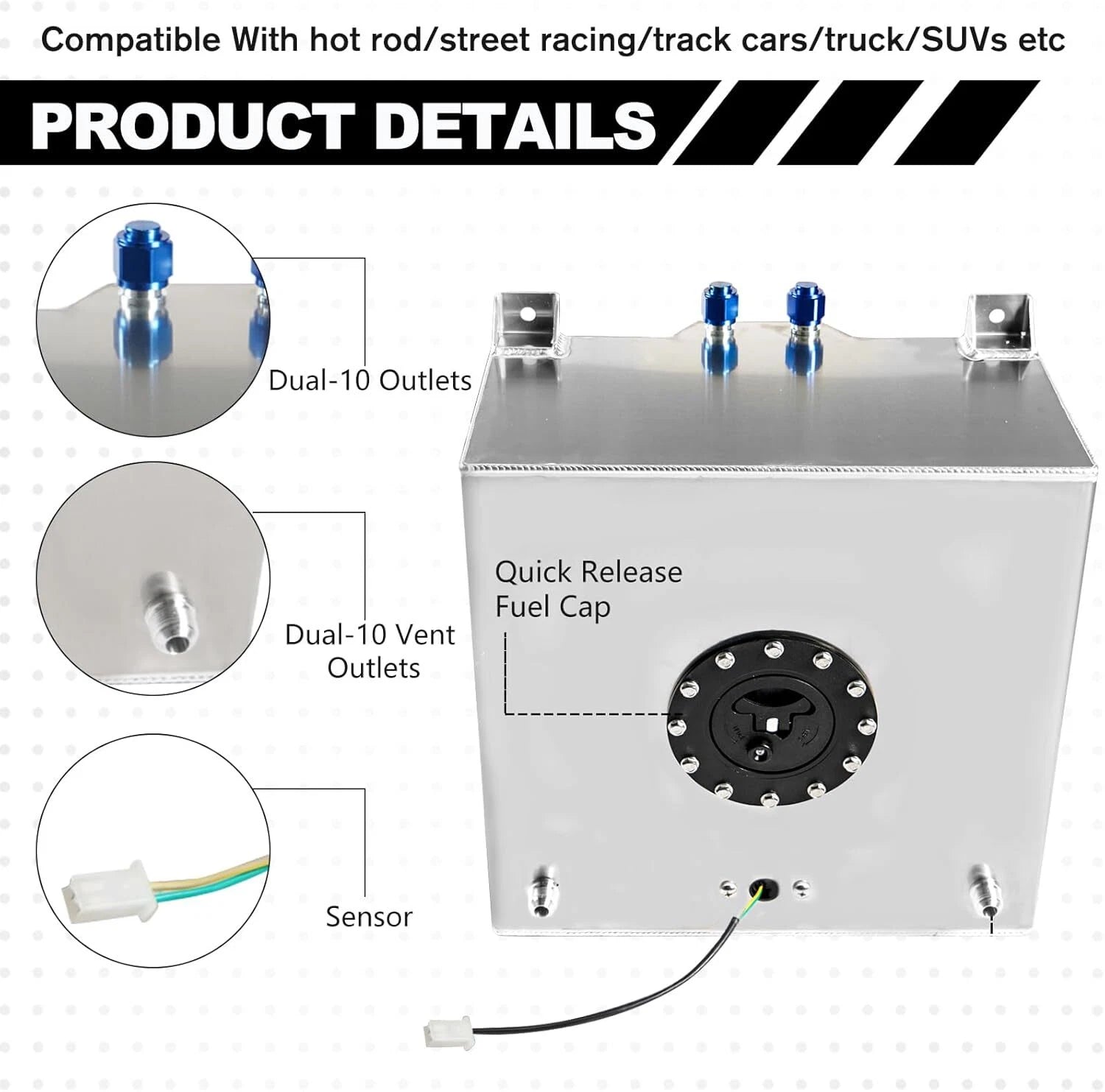 10 Gallon Aluminum Fuel Cell Gas Tank with Cap, Level Sender, Nylon Line for Universal