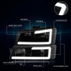 LED DRL Smoked Lens Headlights/Lamps + Bracket for Chevy Avalanche Silverado (2003–2007)