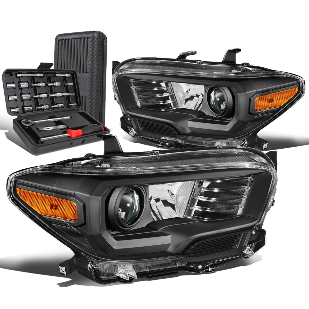 Pair of Black/Amber Signal Headlight Lamps for Toyota Tacoma (2016–2020)