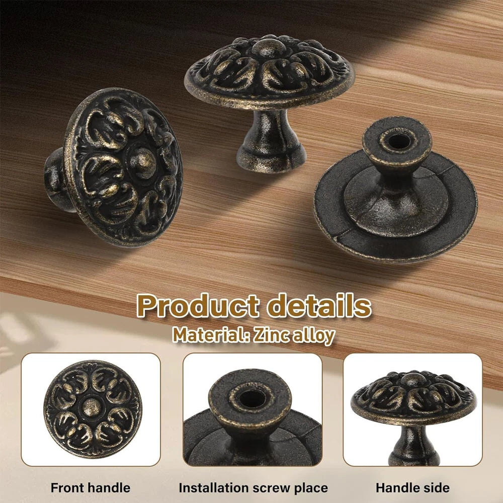 Set of 6 Antique Bronze Flower Door Handles for Kitchen Cabinets