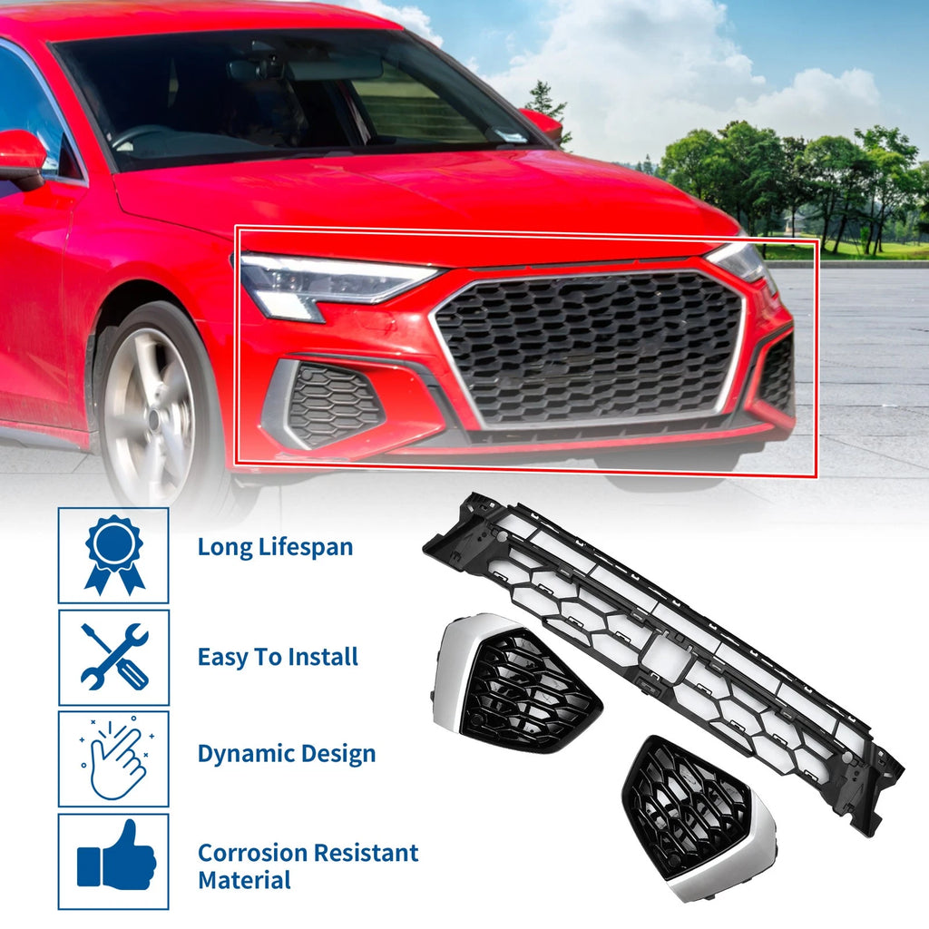 Front Lower Bumper Grille for Audi A3L (2021–2024) Black Sport Style