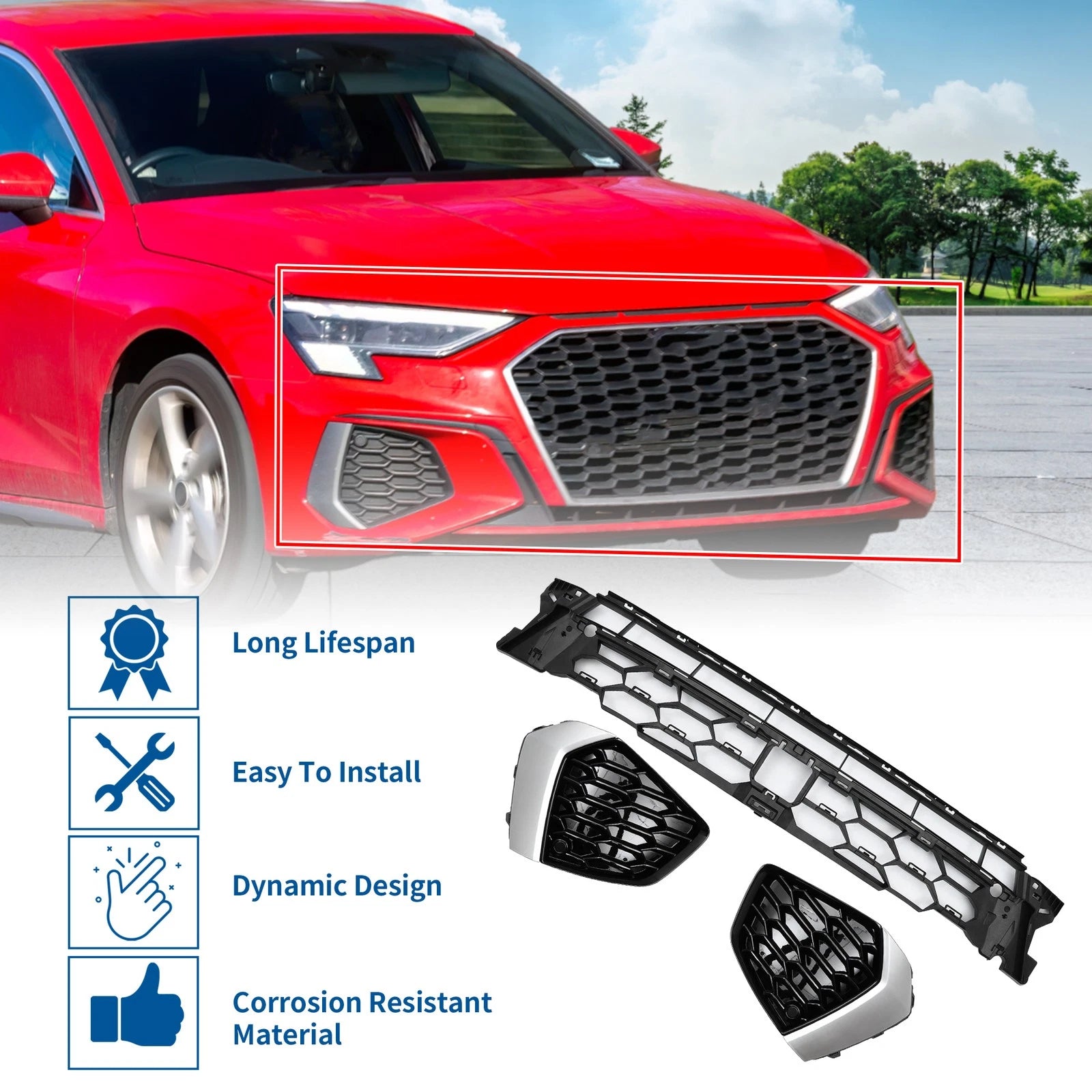 Front Lower Bumper Grille for Audi A3L (2021–2024) Black Sport Style