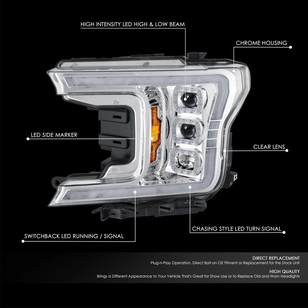 Switchback Sequential LED Headlights for Ford F-150 (2018–2020) Chrome/Amber