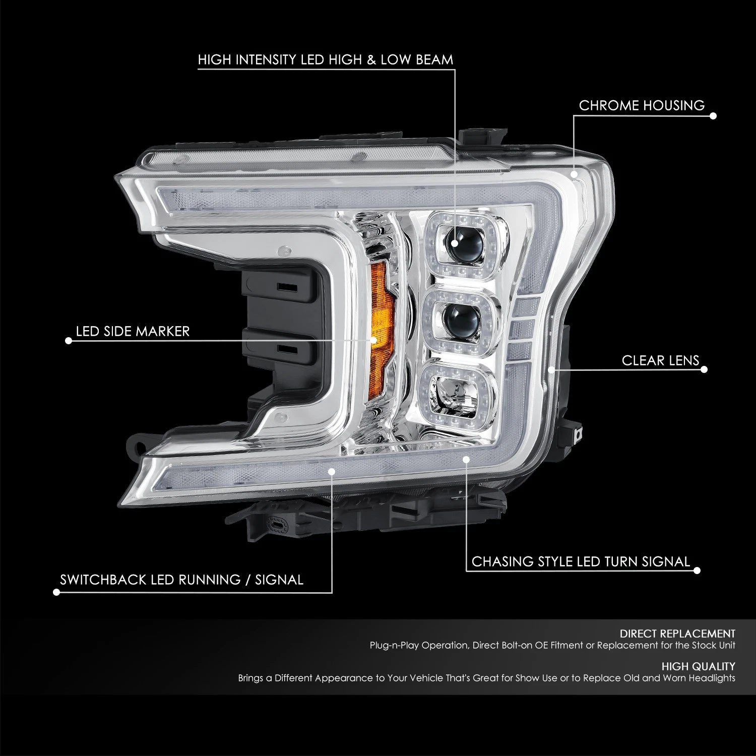Switchback Sequential LED Headlights for Ford F-150 (2018–2020) Chrome/Amber