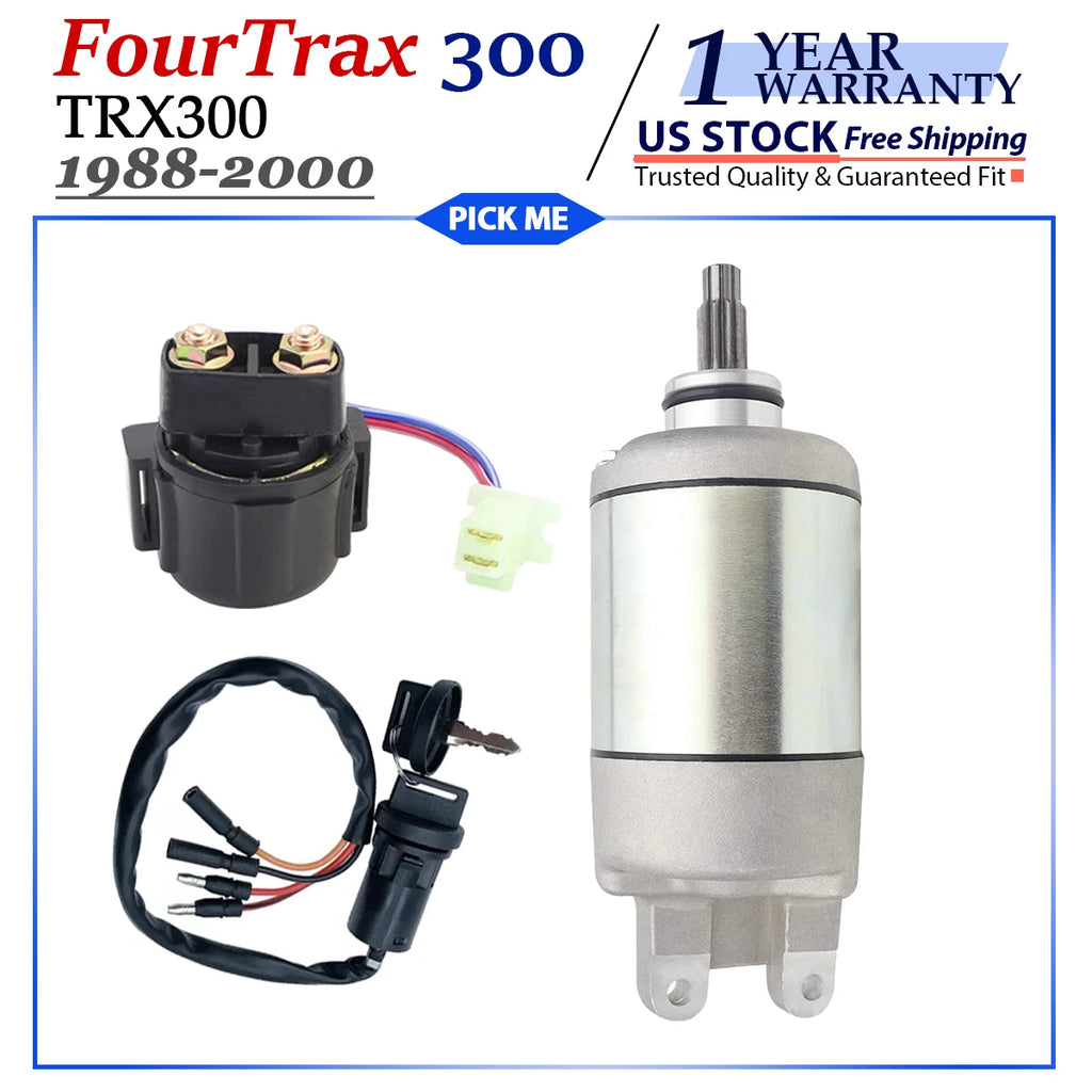 Starter Motor for Honda FourTrax 300 TRX300 (1988–2000) with Relay & Key Switch
