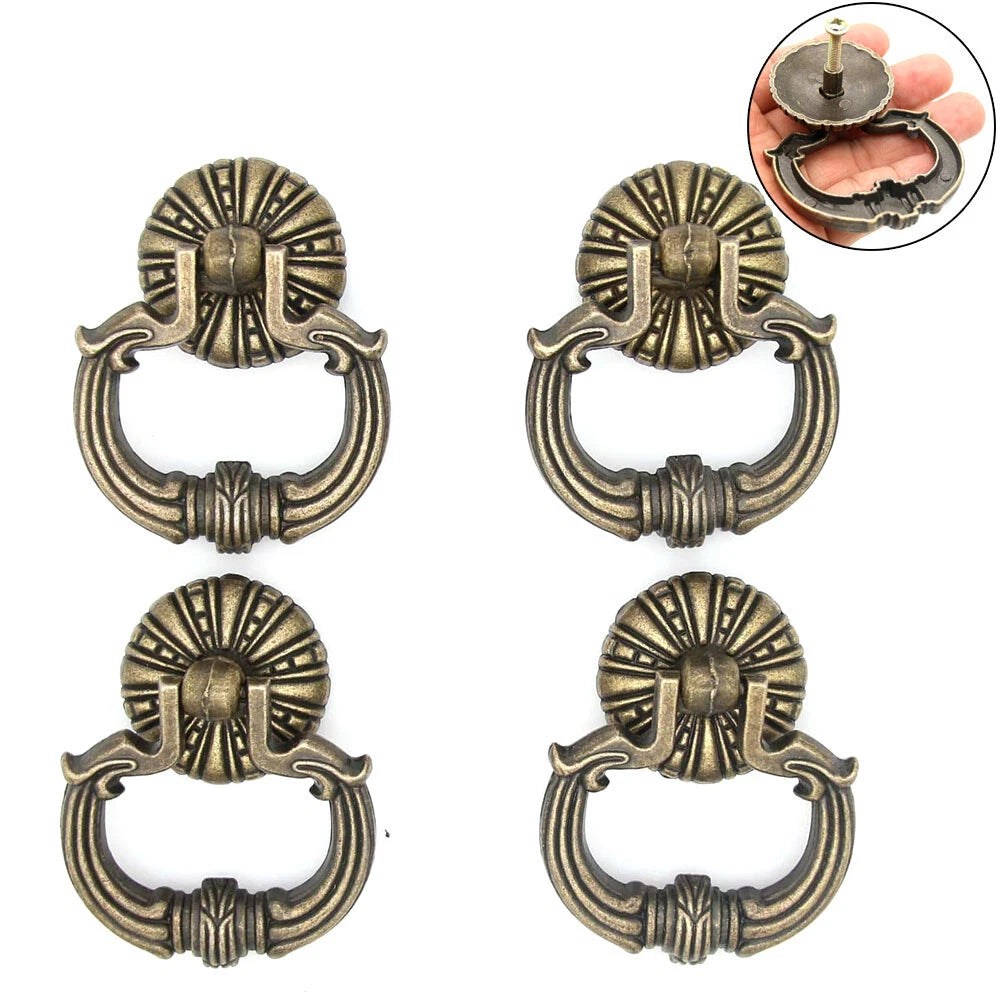 Set of 4 Antique Bronze Knob Vintage Ring Pull Handles for Drawer Cabinet