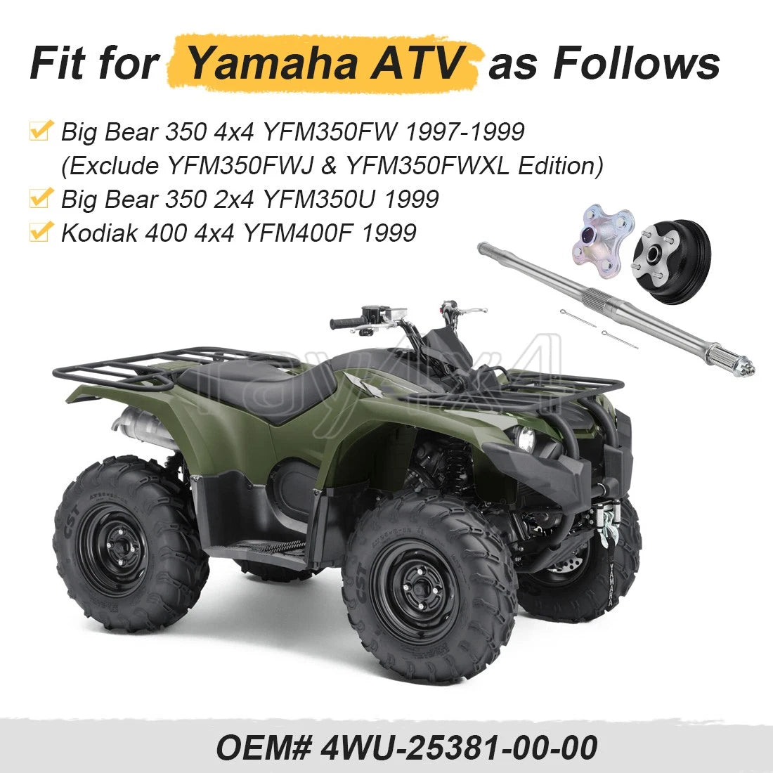 Rear Wheel Axle & Brake Drum & Hubs for Yamaha Big Bear 350 4x4 (1997–1999)