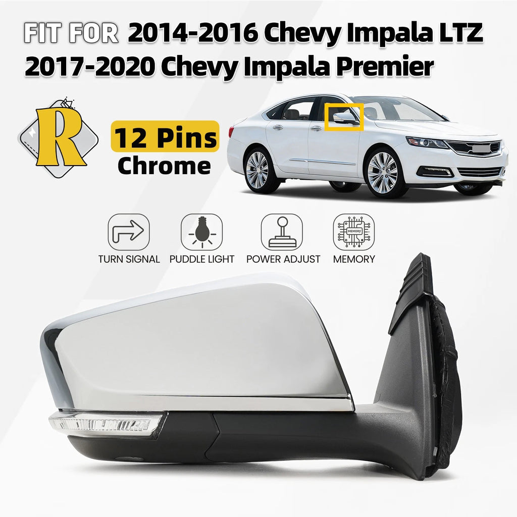 Right Side Mirror for Chevy Impala (2014–2020) w/Turn Signal, Memory, Chrome, 12 Pins