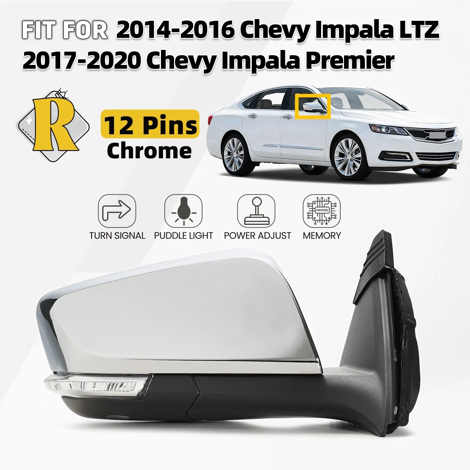 Right Side Mirror for Chevy Impala (2014–2020) w/Turn Signal, Memory, Chrome, 12 Pins