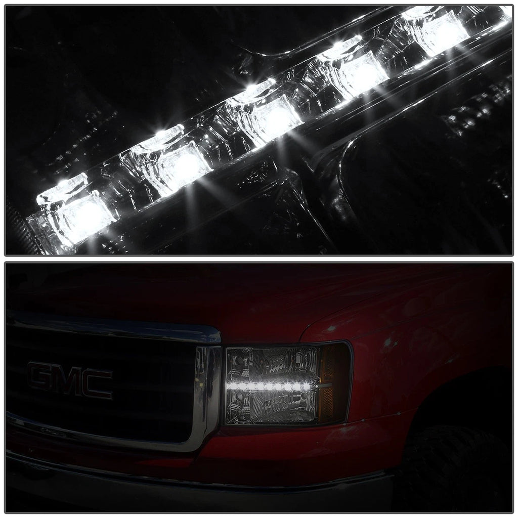 LED DRL Chrome Housing Amber Side Headlights for GMC Sierra (2007–2014)