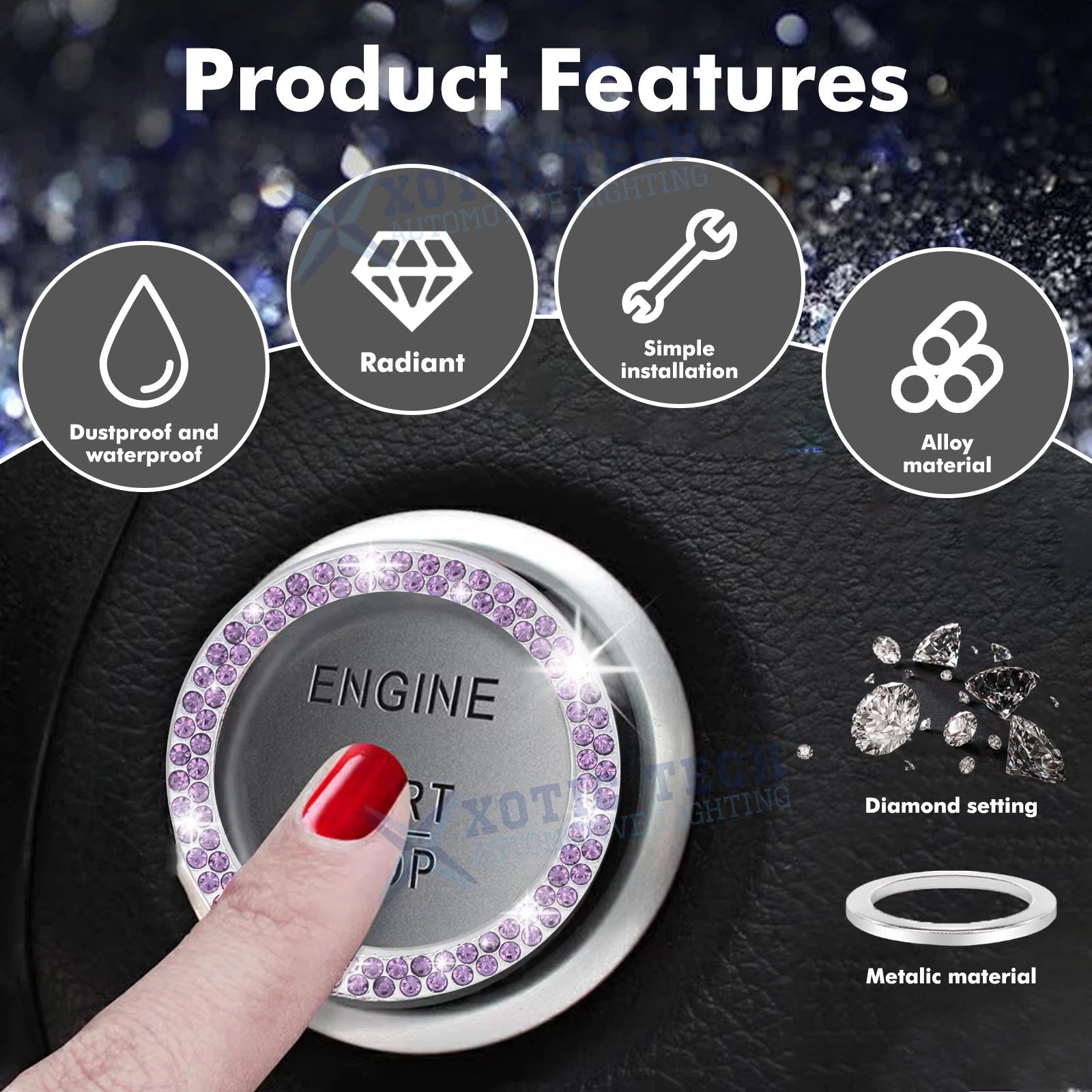 Sparkly Purple Diamond Engine Start Stop Button Sticker for Women (-)