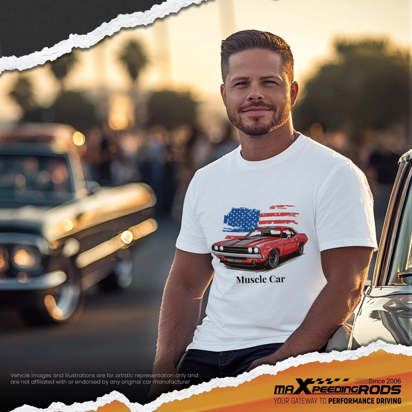 Vintage American Flag Classic Car T-Shirt for Men (White)
