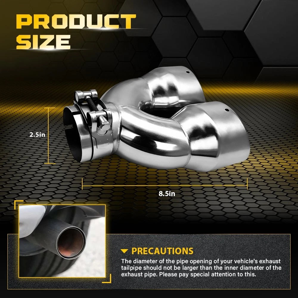 Stainless Steel Dual Exhaust Tip 2.5 Inlet 7 Outlet 8.5 Length Bolt On