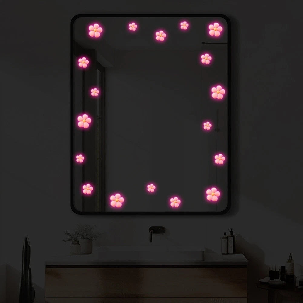 Glow in Dark Floral Decal for Bathroom Wall Mirror (20x15cm, Pink)