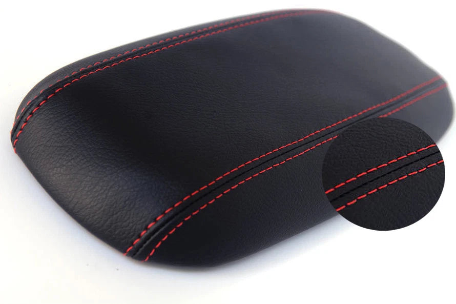 Leather Synthetic Console Armrest Cover for Ford Mustang (1994–2004) Black Red Stitch