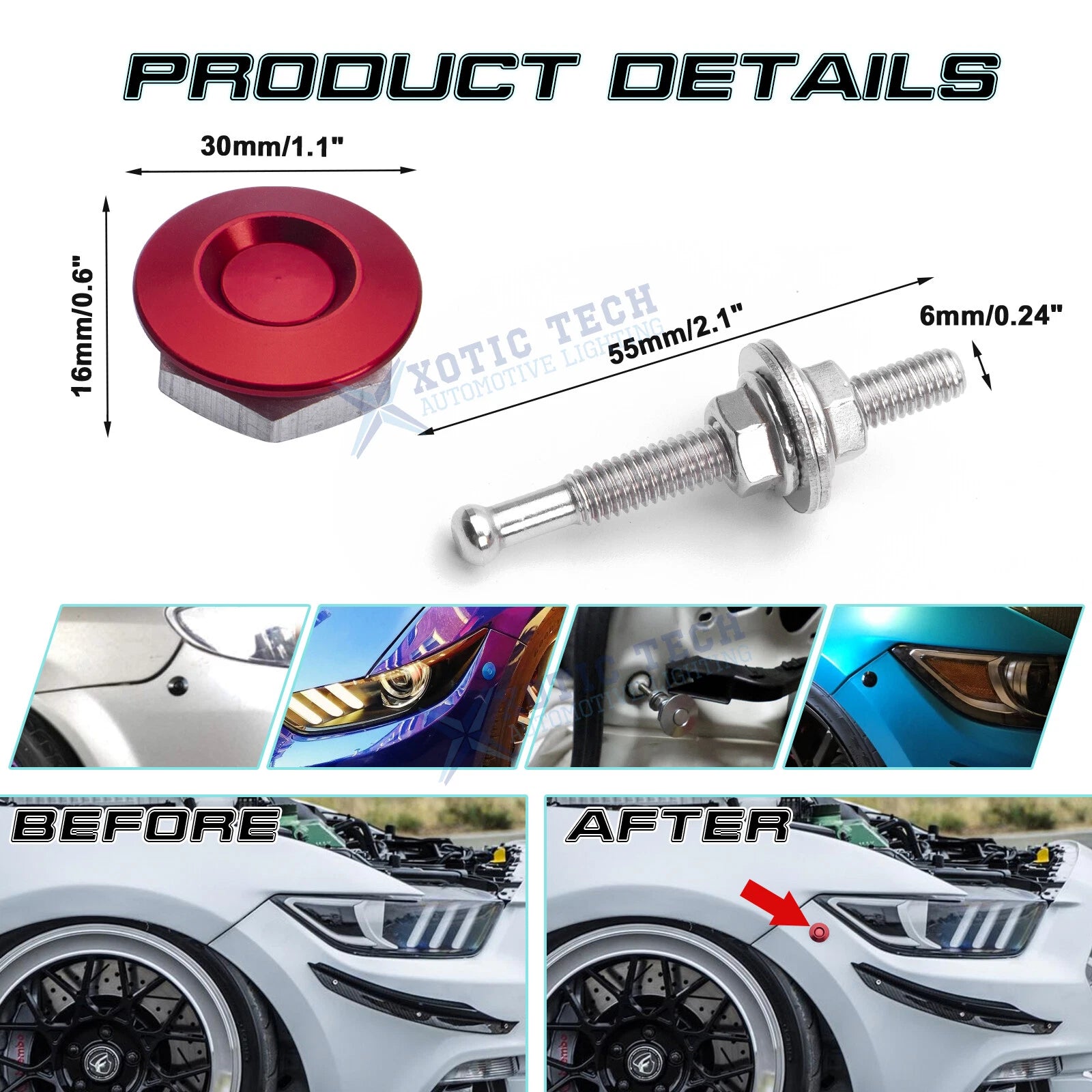 Red Quick Release Hood Bonnet Pins for 2X (2008-2012)
