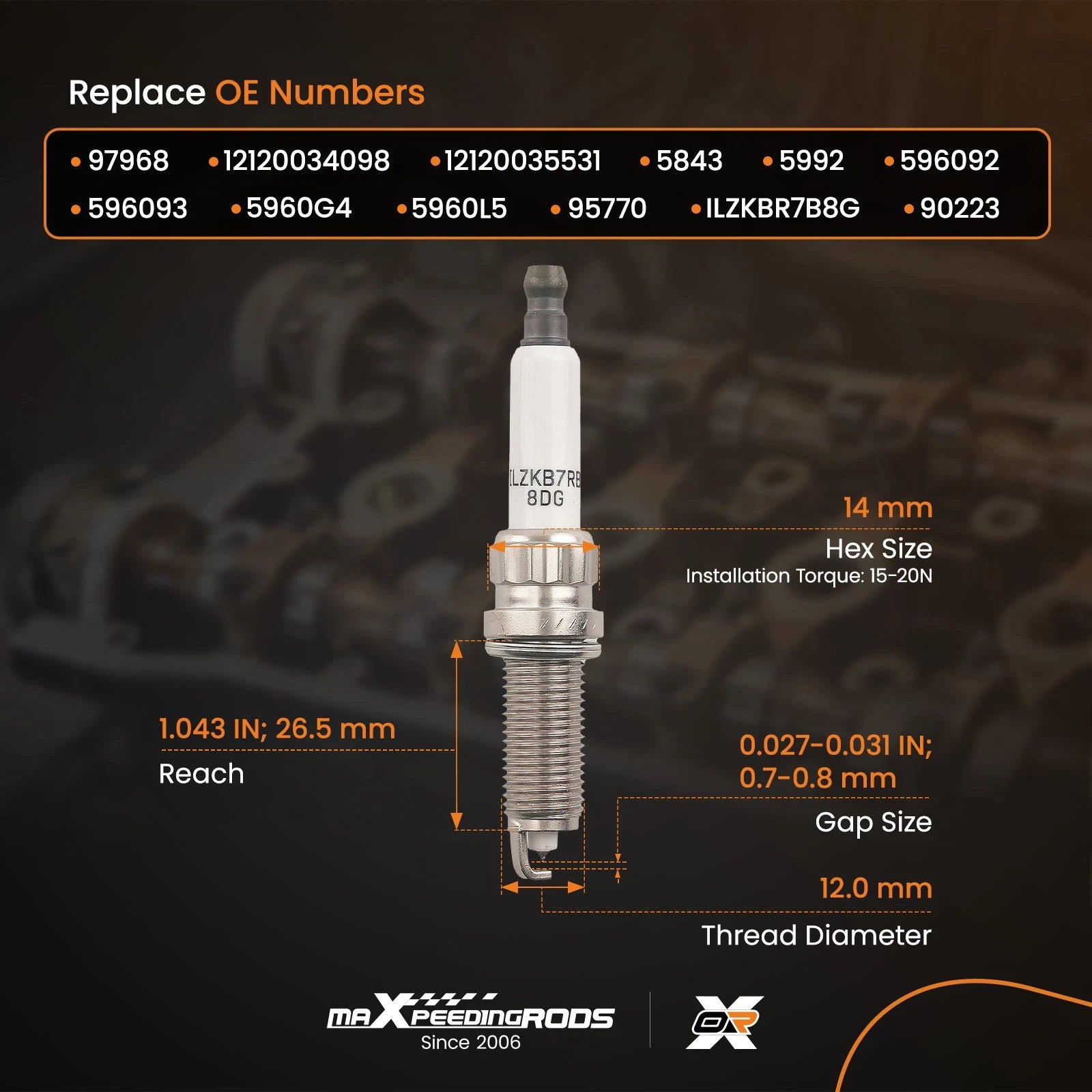 Iridium Spark Plugs for Mini Cooper 1.6L (2002–2006) 596092 596093 5960G4 ILZKBR7B8G