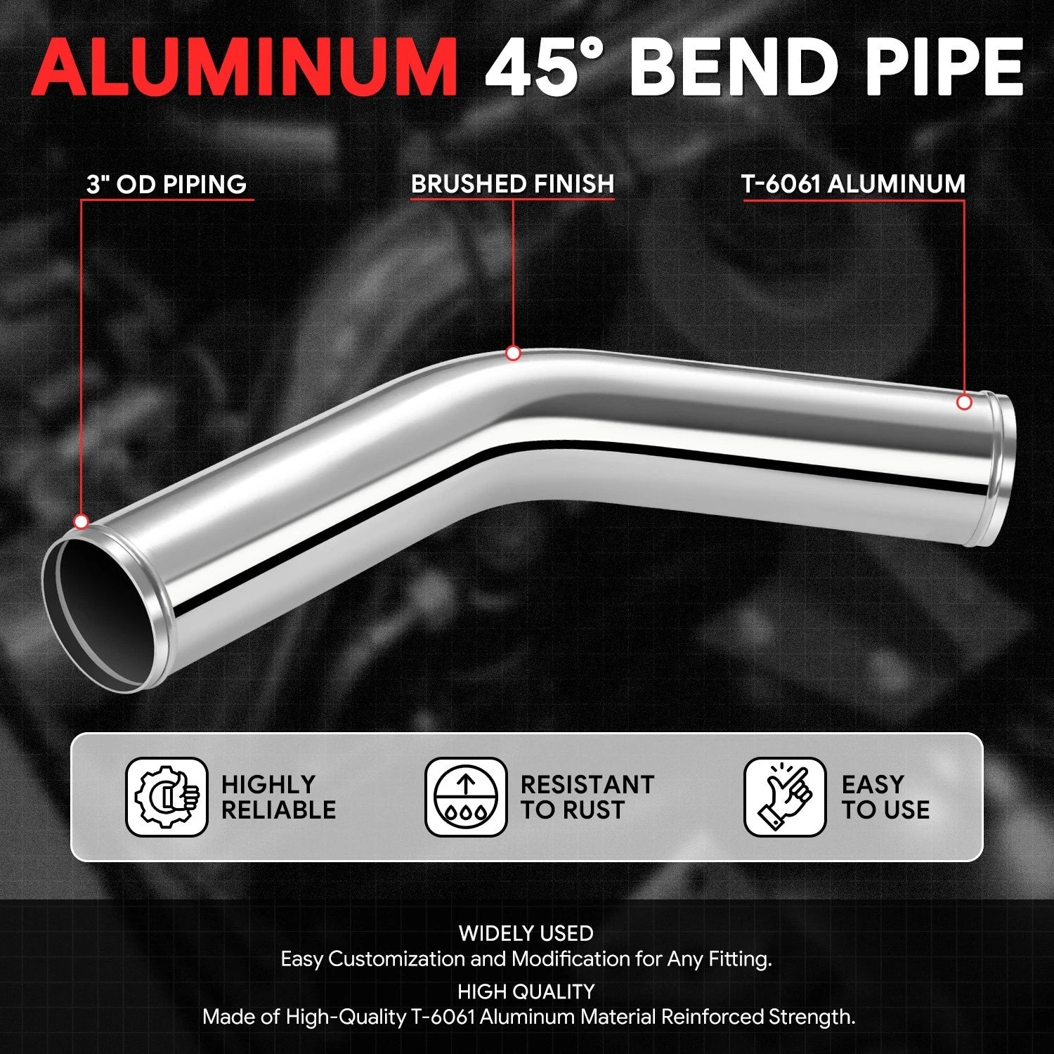 45 Degrees Bend Pipe for Intercooler (3.0" OD, 9-Gauge Aluminum)