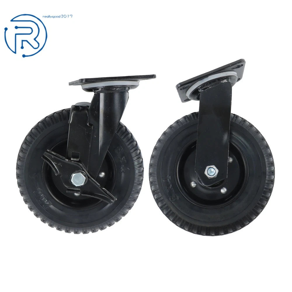 2Pcs 8" Rubber Swivel Casters for Heavy-Duty Use (1 Side Brake, 1 Rotation)