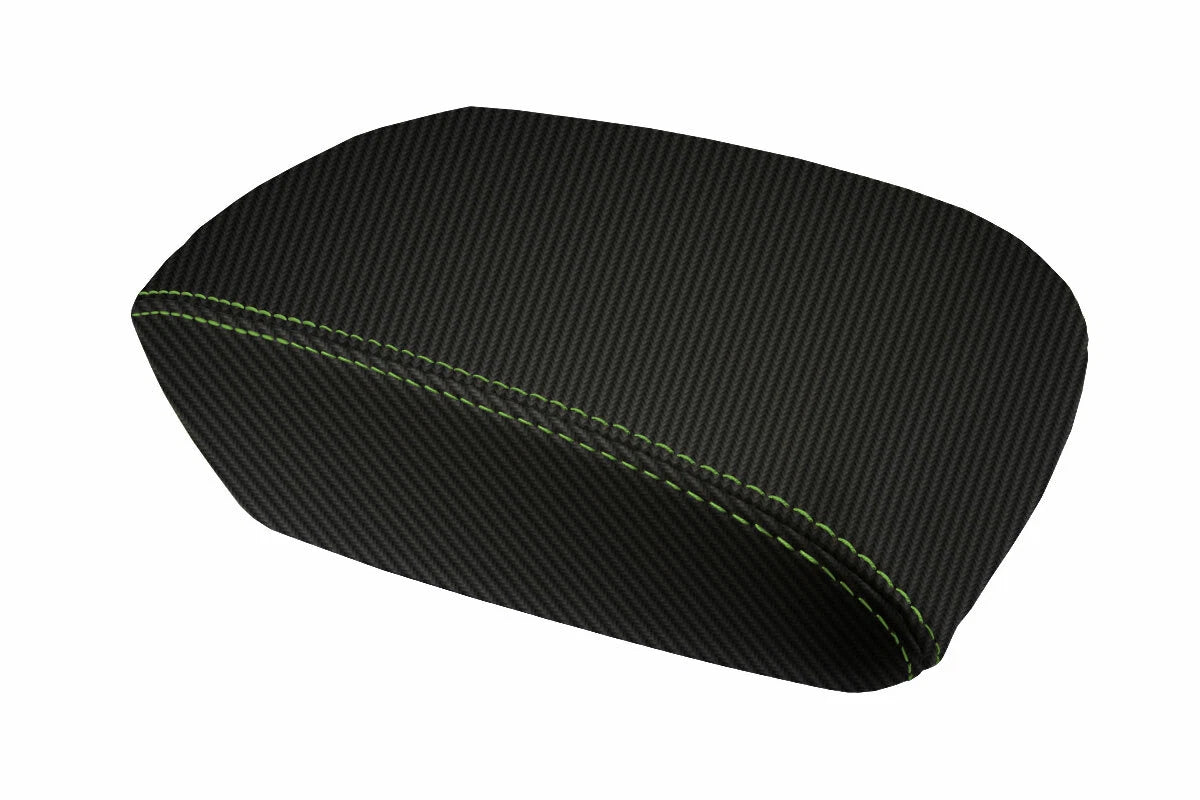 Console Lid Armrest Cover for Ford Focus (2012–2018) Carbon Fiber Green Stitch