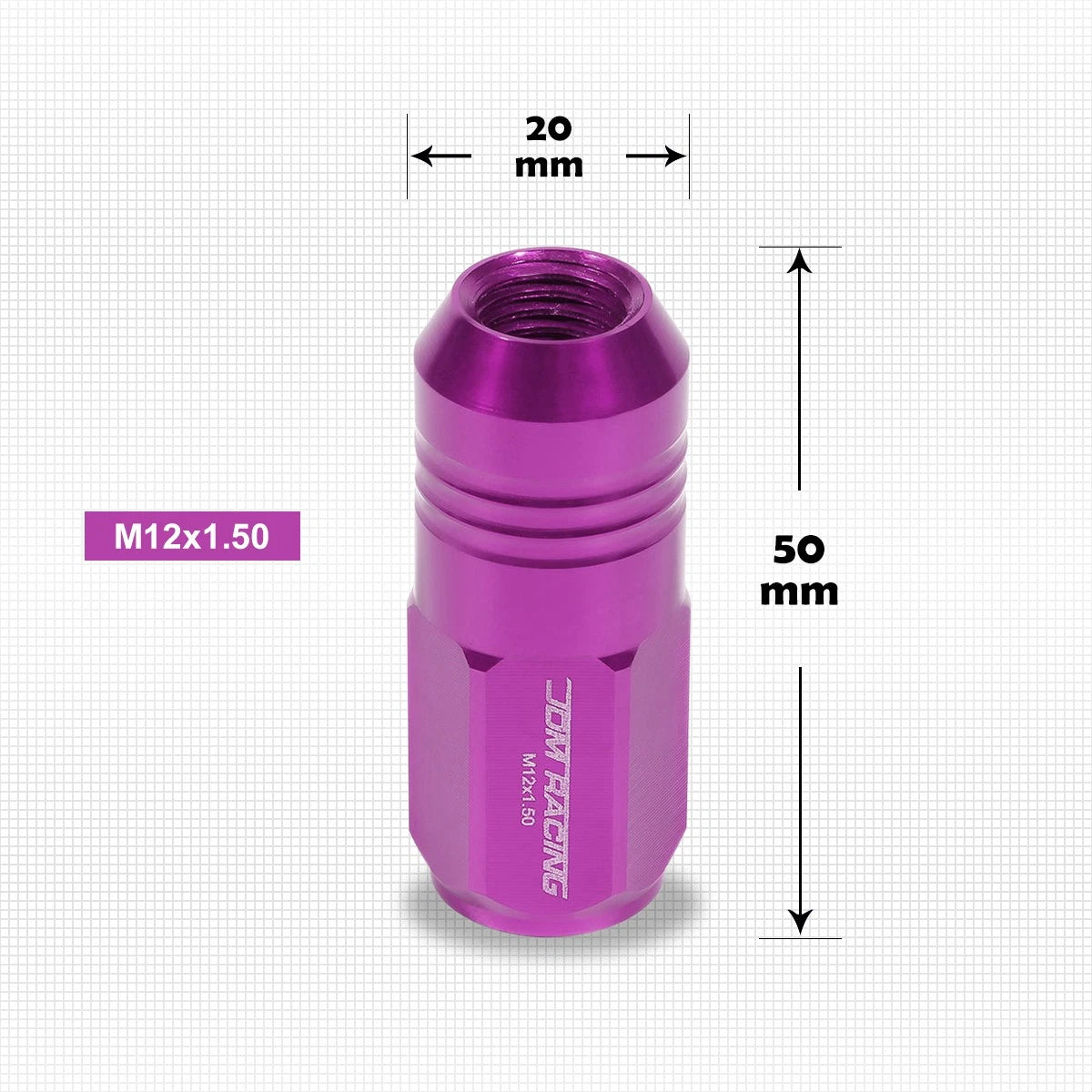 Set of 20 M12X1.5 Purple Closed End Cone Hex Wheel Lug Nuts + Extension 20mm