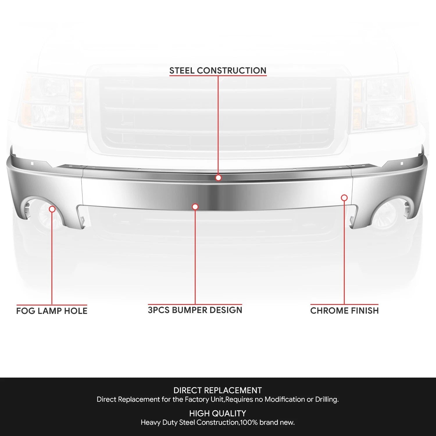 Front Bumper Face Bar for GMC Sierra 1500 (2007–2013) Chrome w/ Fog Light Hole