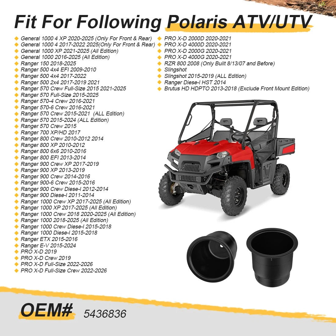 2PCS Cup Holder for Polaris Ranger 150 500 570 800 900 1000 General 1000 (2015–2023) 5436836