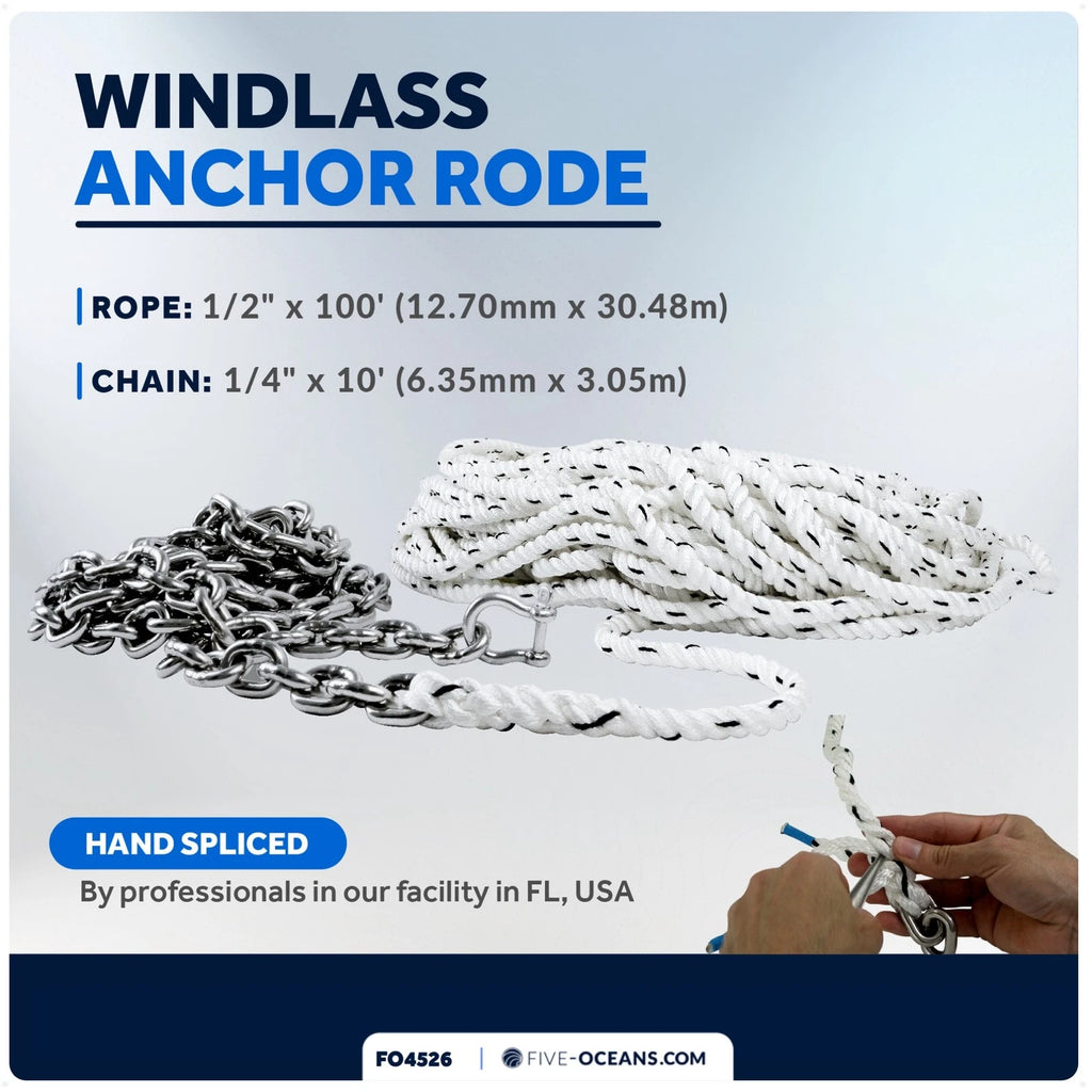 Windlass Anchor Rode 1/2"x100' Rope & 1/4"x10' G4 Chain for Boats