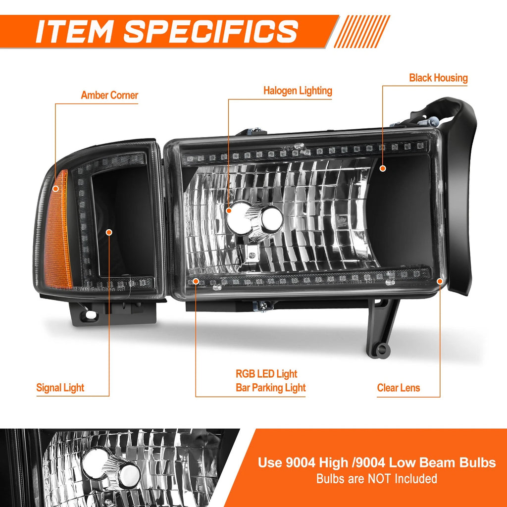 RGB Light Bar Headlights for Dodge Ram 1500 2500 3500 (1994–2002)