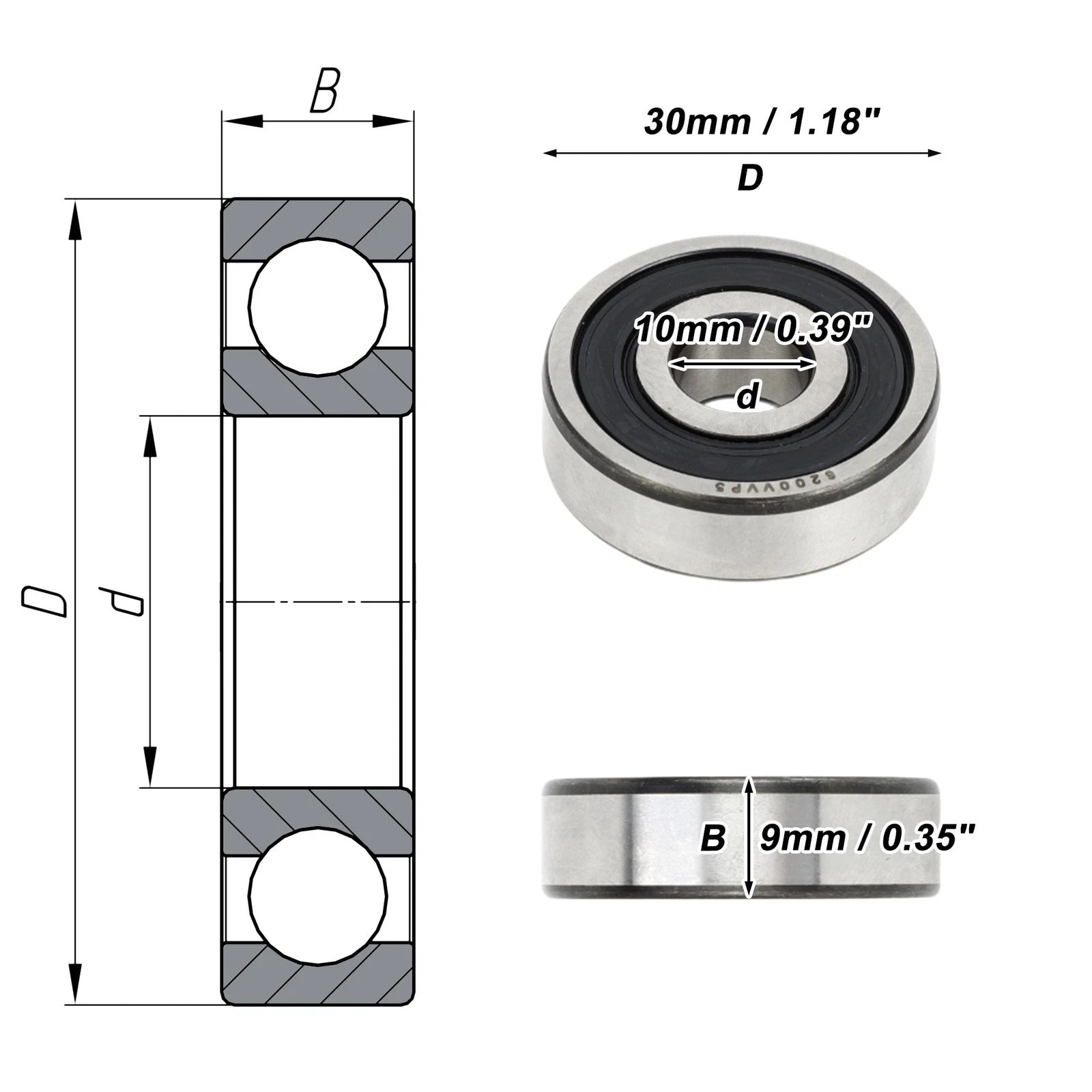 Deep Groove Ball Bearing 10x30x9mm for Scooter Skateboard (6200VV)