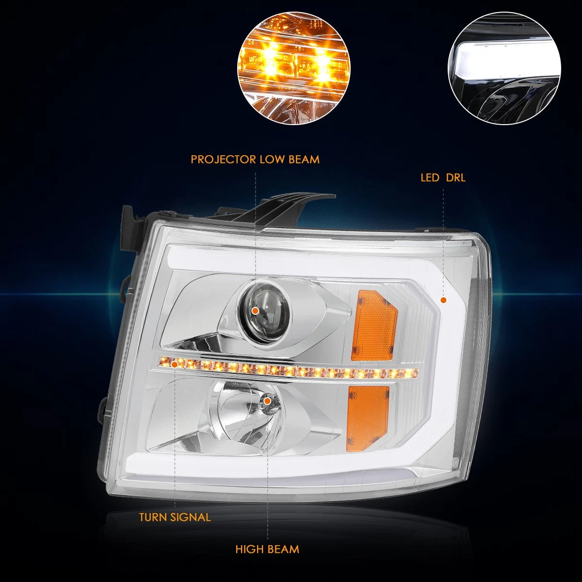 LED DRL Bar Projector Headlights for Chevy Silverado (2007–2014)