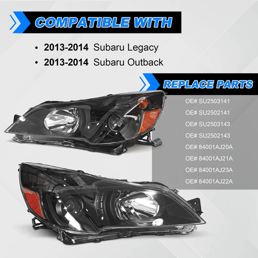 Set of 2 Black Headlights for Subaru Legacy Outback (2013-2014)