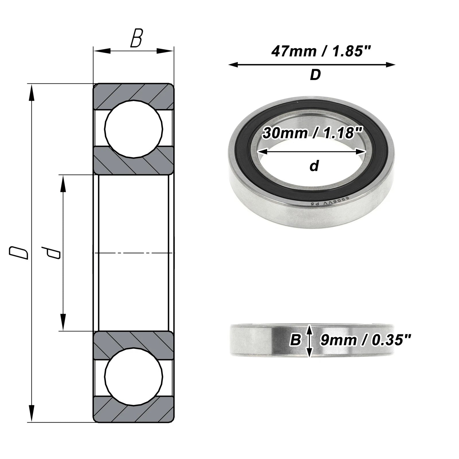 6906VV Deep Groove Ball Bearing for Scooter Skateboard (30x47x9mm)