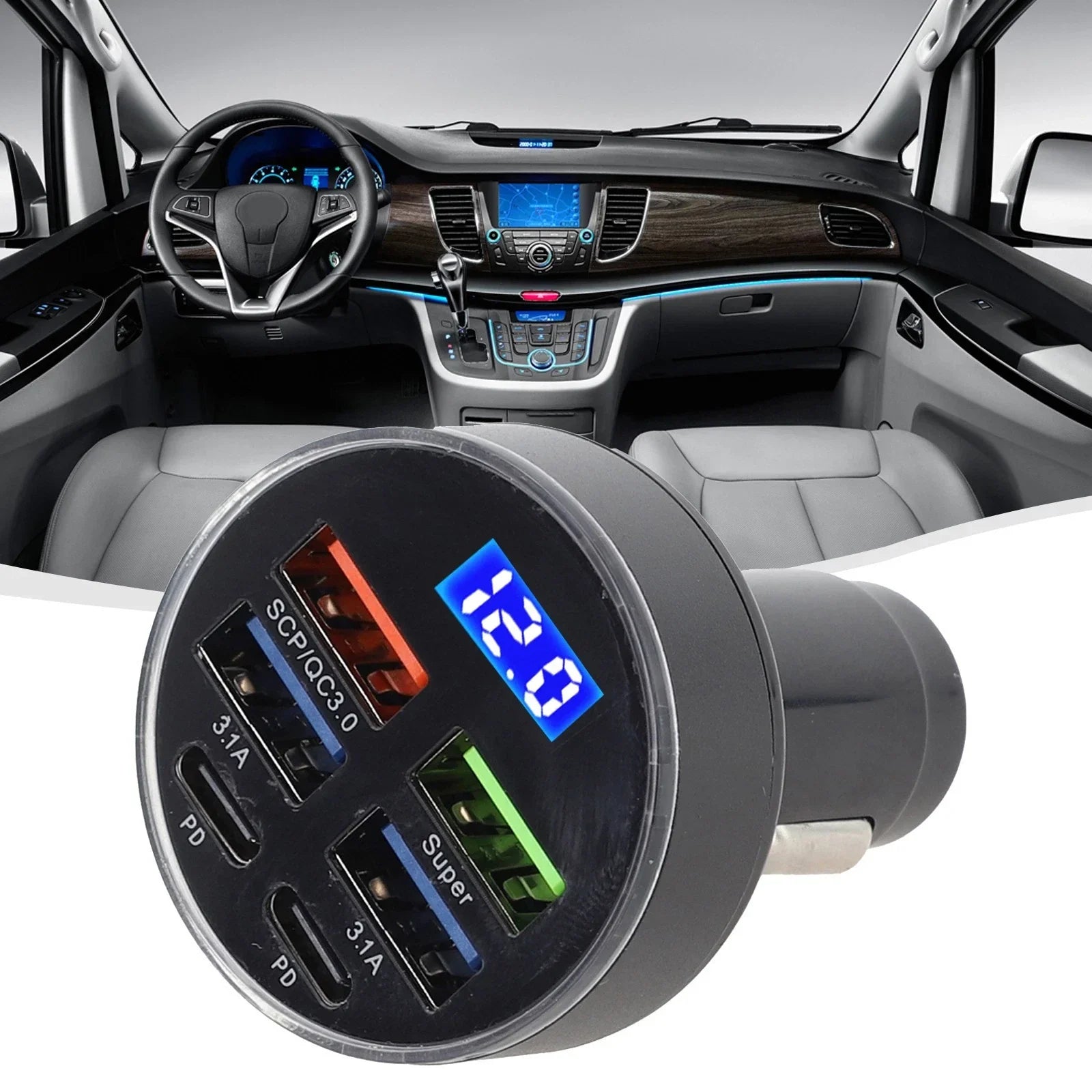 6-Port Car Charger with LED Display and USB Outputs for Vehicles