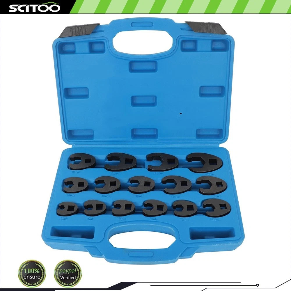 15pc Crowfoot Flare Nut Wrench Set for Ratchet Extension (3/8, 1/2in Drive)