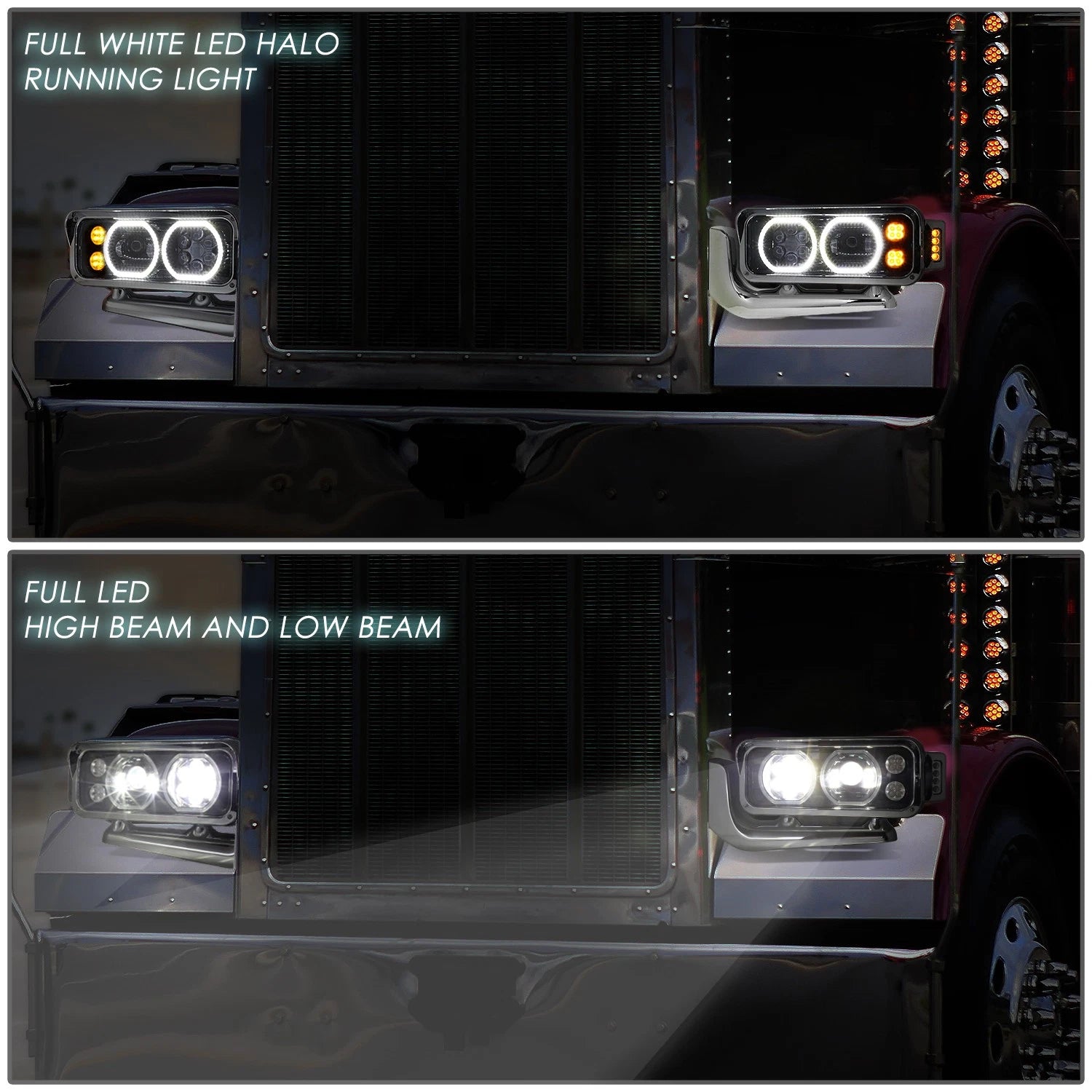 LED Halo DRL Projector Headlights for Peterbilt 359 379 389 (1981–2021)