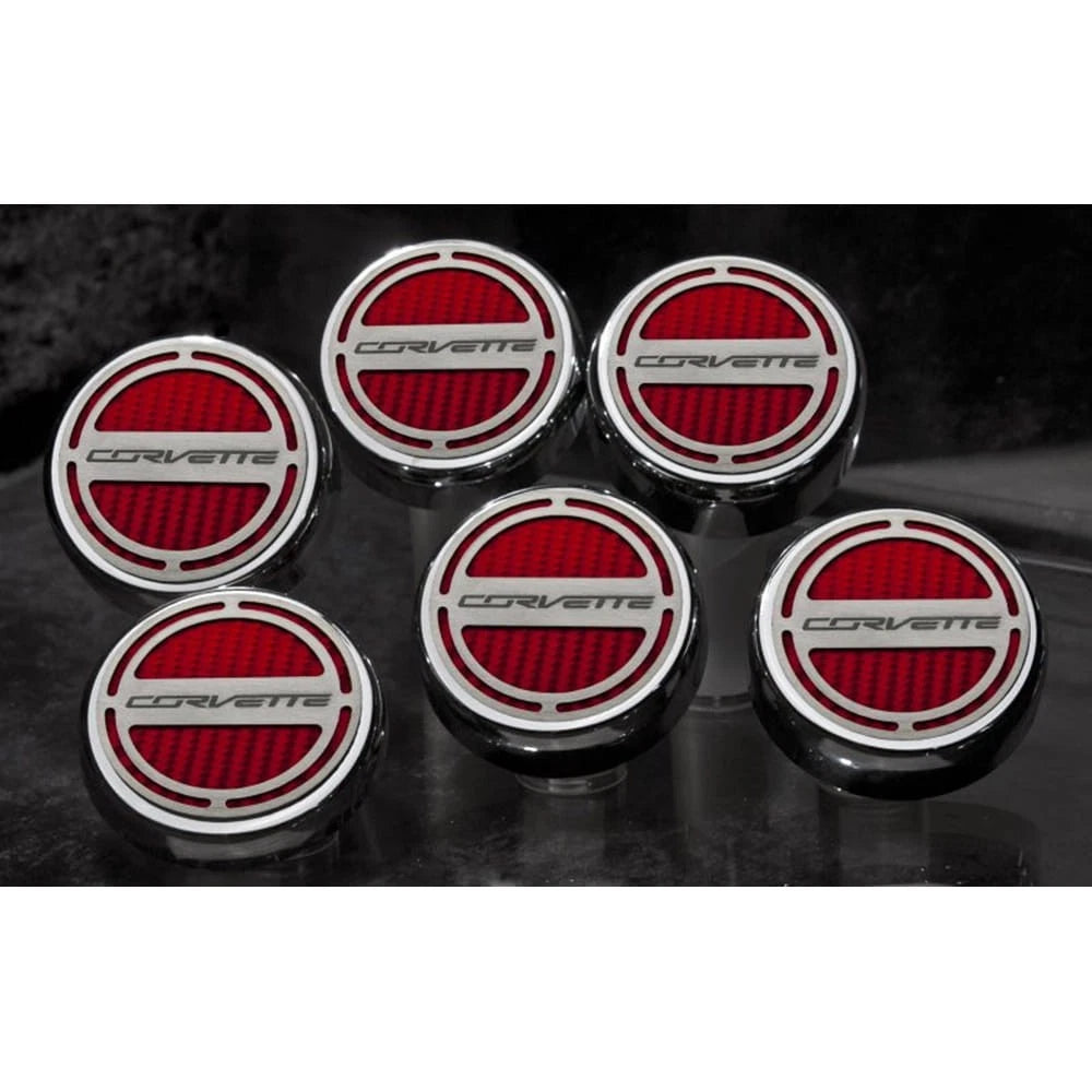 Chrome 'Corvette' Cap Covers w/Orange CF Inlay for 2014-2019 Corvette Z06 Manual