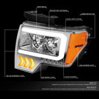 LED DRL Arrow Projector Headlight Lamp for Ford F150 (2009–2014) Chrome/Amber