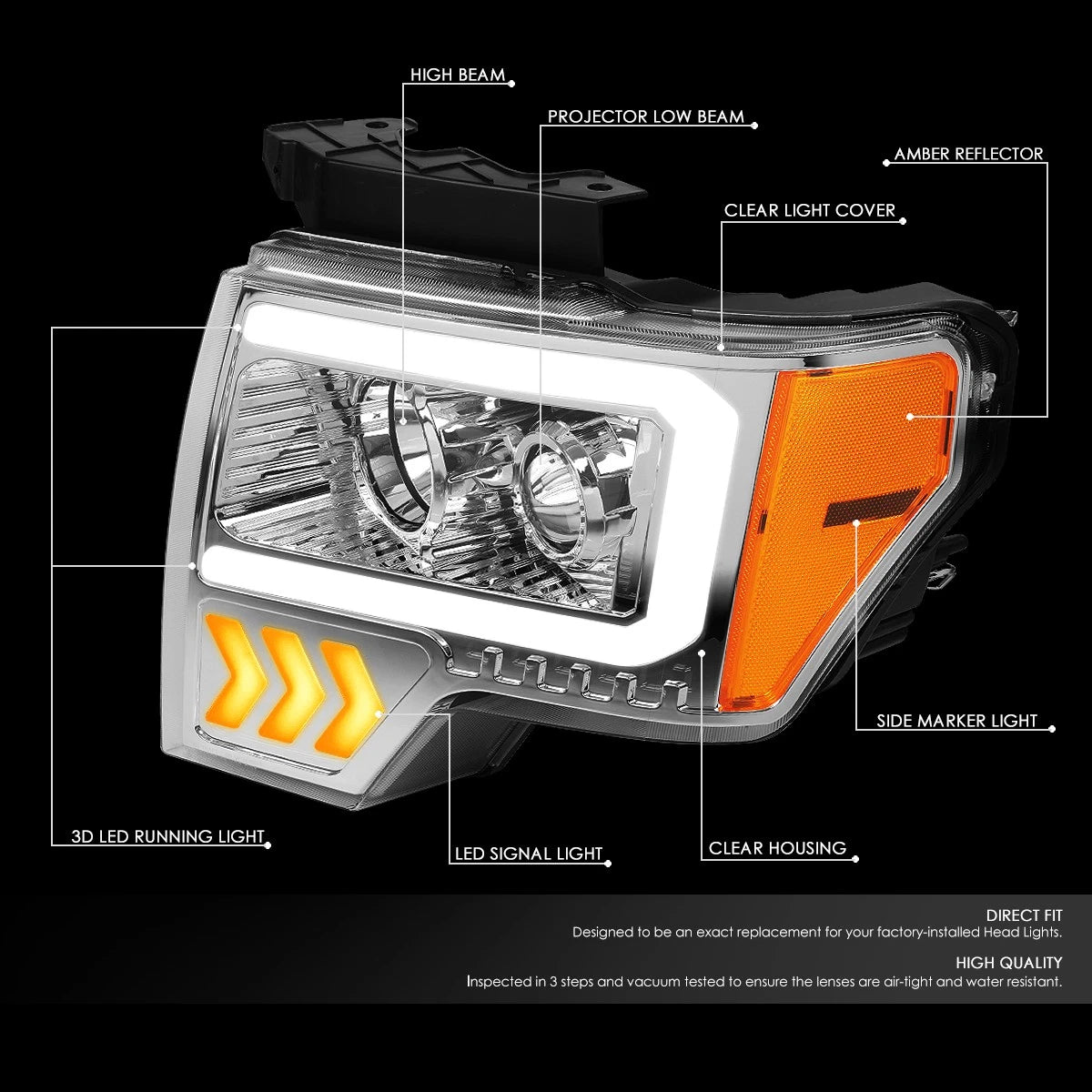 LED DRL Arrow Projector Headlight Lamp for Ford F150 (2009–2014) Chrome/Amber