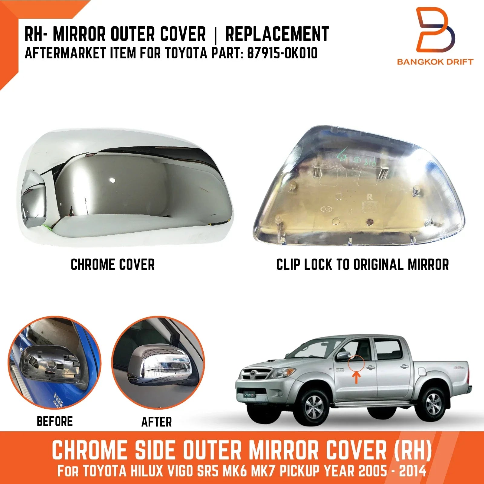 Chrome Outer Mirror Cover for Toyota Hilux Ute Vigo MK6 MK7 (2005-2014)