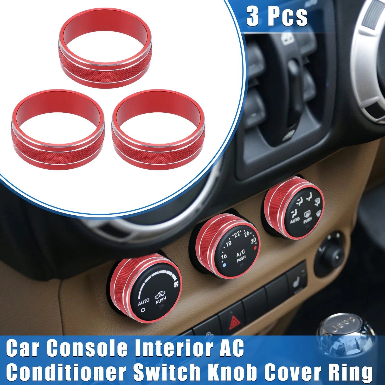 3pcs AC Switch Knob Cover Ring for Jeep Wrangler JK JKU (2011–2018) Red