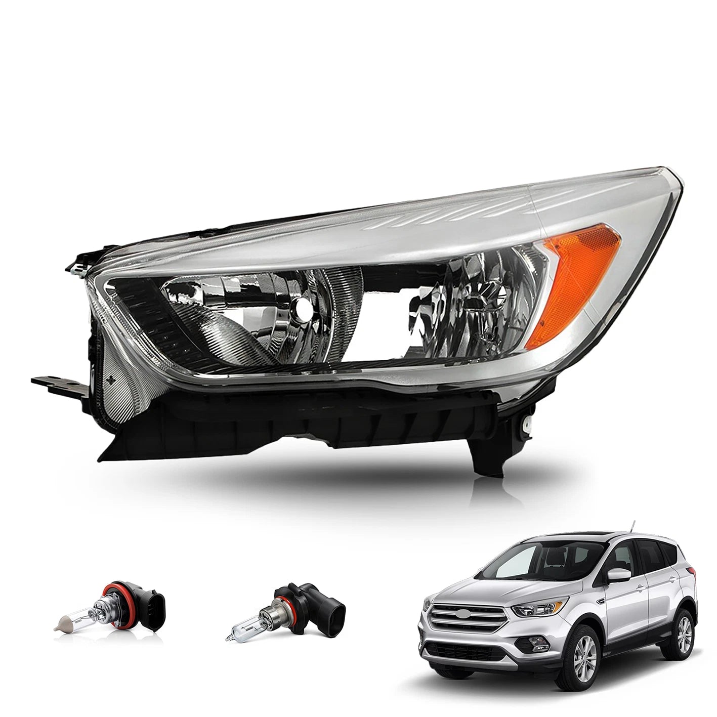 Halogen Headlight for Ford Escape (2017–2019) Chrome Left Side w/Bulb