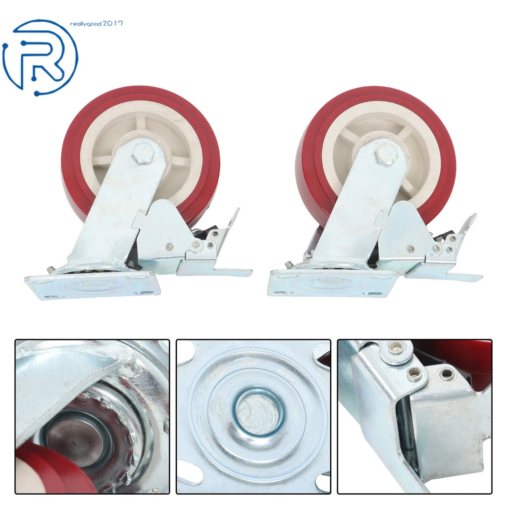 Set of 4 Red 6-Inch PU Casters with Brakes
