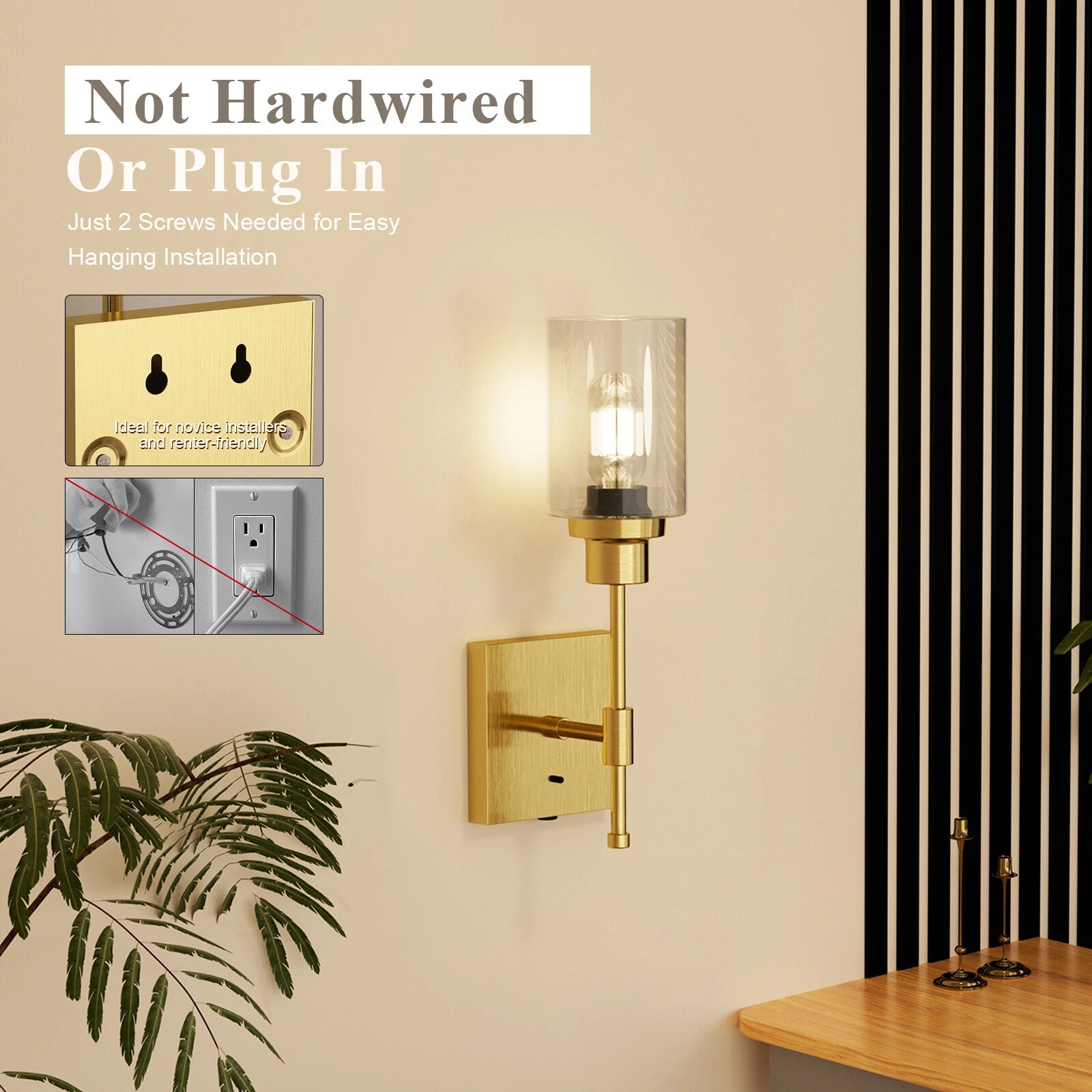 LED Wall Sconce for Rechargeable Battery Operation - Gold Finish