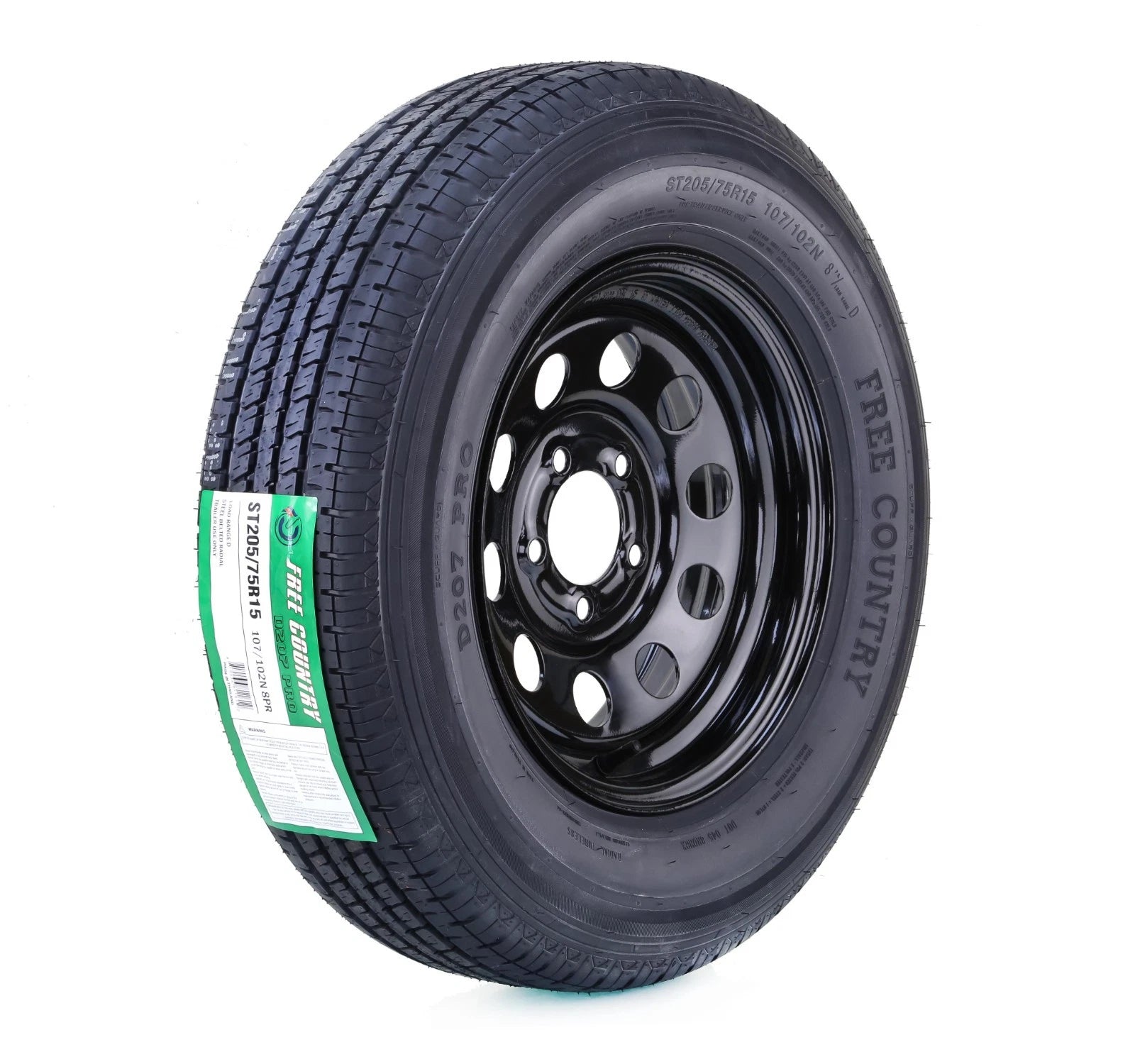 Free Country ST205/75R15 Trailer Tire Rim 8-Ply 5 Lug X 5" Black Mod