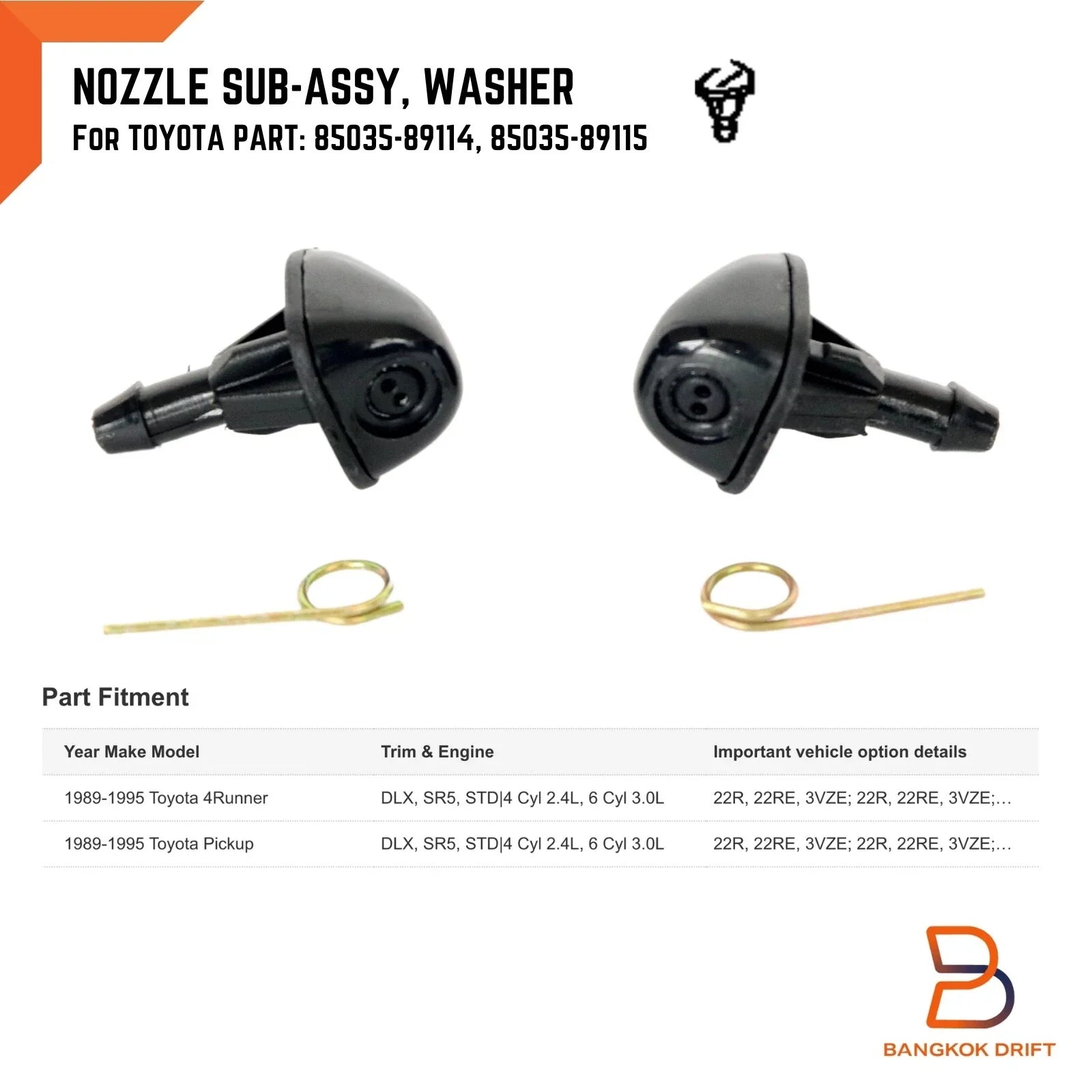 Windshield Washer Nozzle Jet for Toyota Hilux LN85 LN106 LN145 LN167 (1984-2005)