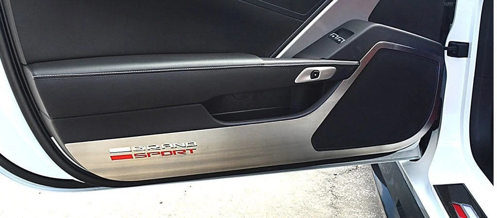 Brushed Stainless Door Guards w/Vinyl "Grand Sport" Logo for 2014-19 Corvette GS
