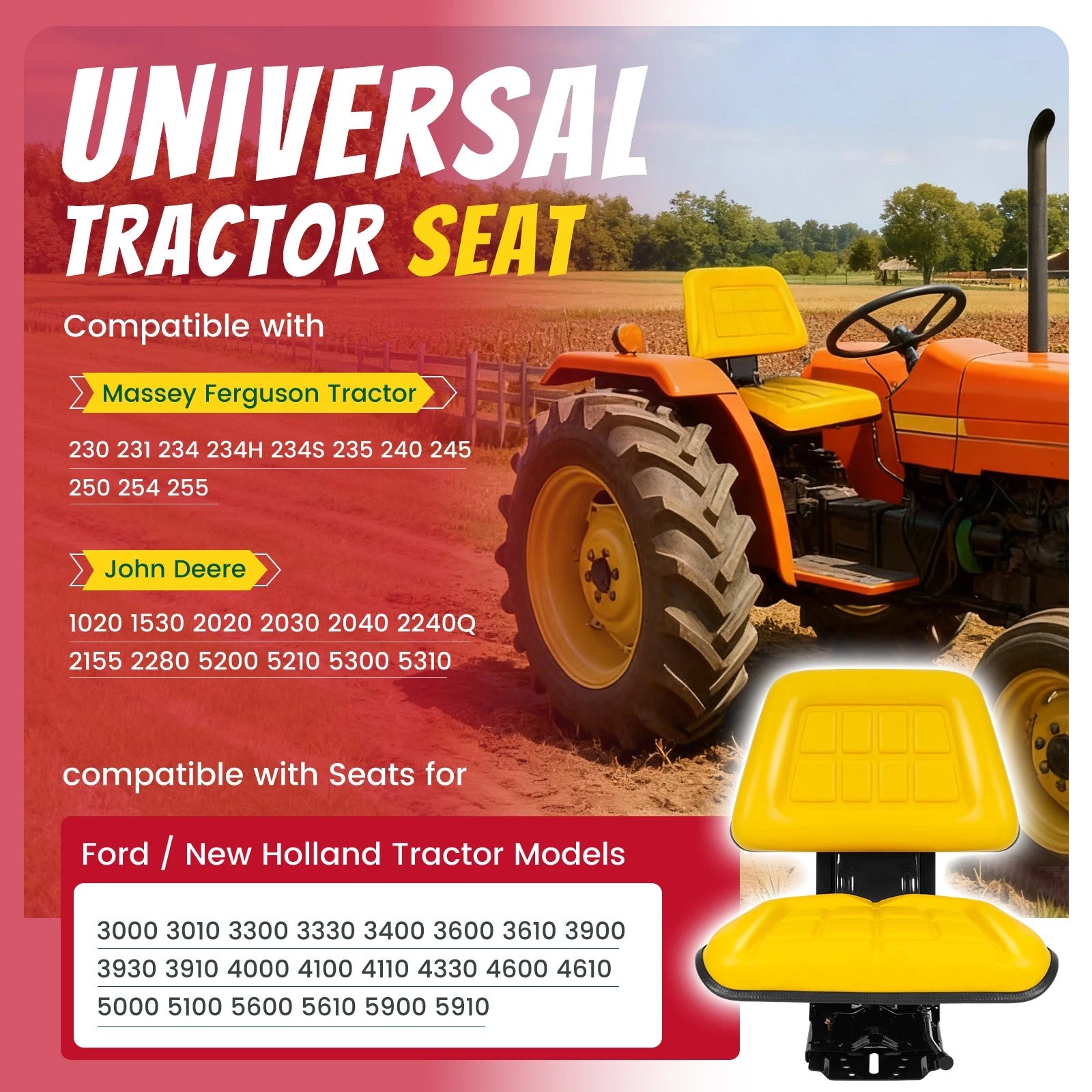Universal Yellow Suspension Tractor Seat for Massey Ferguson Ford/New Holland
