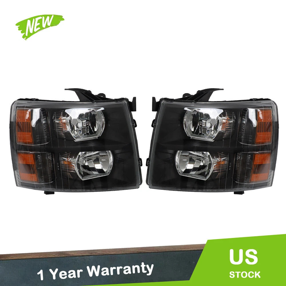 Set of 2 Black Headlights for Chevy Silverado 1500 2500/3500HD (2007–2014)